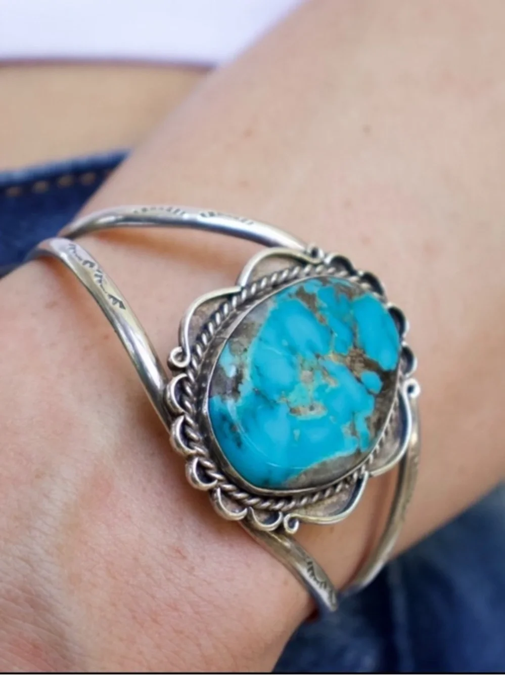 Vintage Sterling Silver Turquoise Statement Cuff Bracelet - Blue